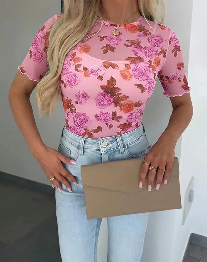 

2026 Summer New Flower Transparent Mesh T-Shirt Ruffle Short Sleeve Slim Fit Round Neck Transparent Top for Women