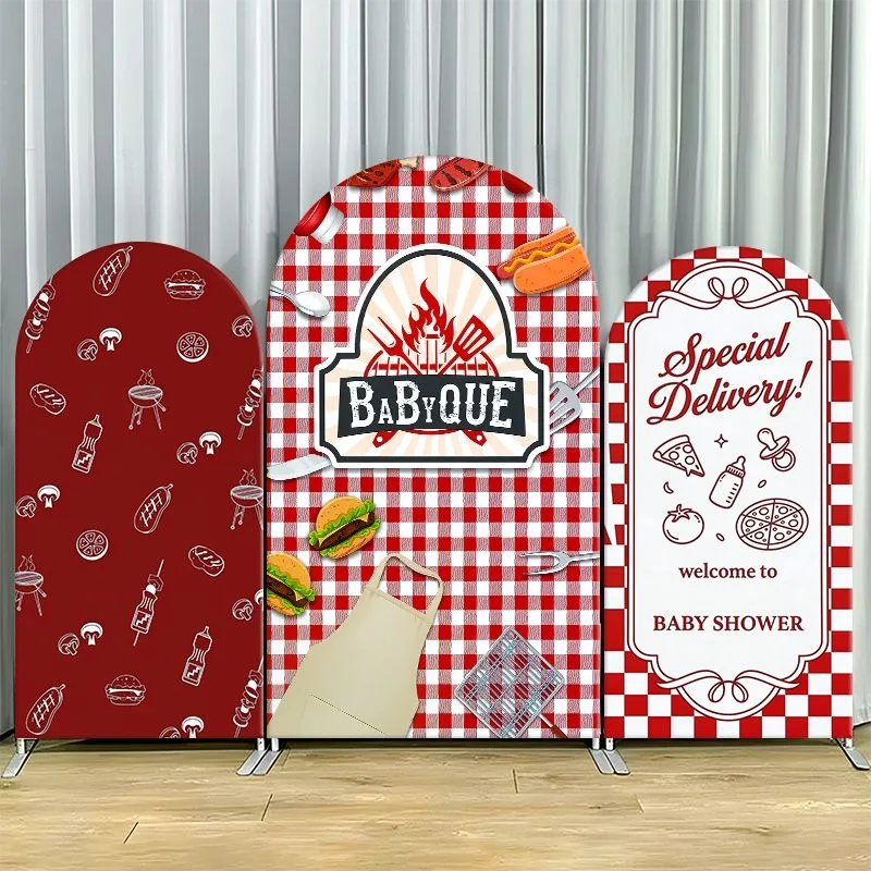 

Arch Backdrop Cover Single Side Red Checkered BBQ Logo Special Delivery Shower Party Decoration Photo Booth Background Event