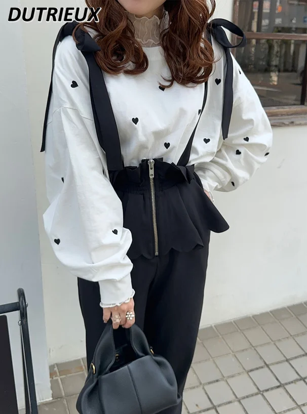 Autumn Winter New Japanese Style Sweet Cute Heart-Shaped Drop-Shoulder Long Sleeve Tops Loose Round Neck Pure Cotton T-shirt