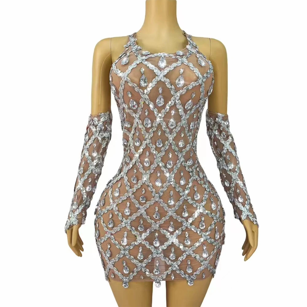 

Sexy Stage Luxury Sparkly Silver Rhinestones Sleeveless Transparent Mesh Dress Women Party Evening Club Show Photoshoot Costume