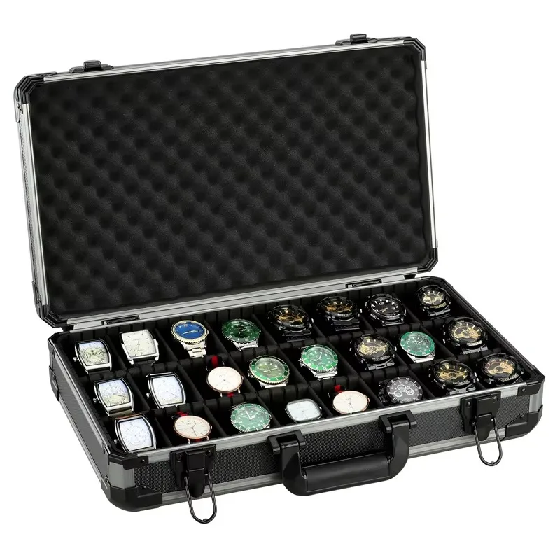 

Wholesale 10 Slots 18 Slots 24 Slots With Handle Watch Collectors Display Packaging Travel Briefcase Gift Aluminum Watch Box