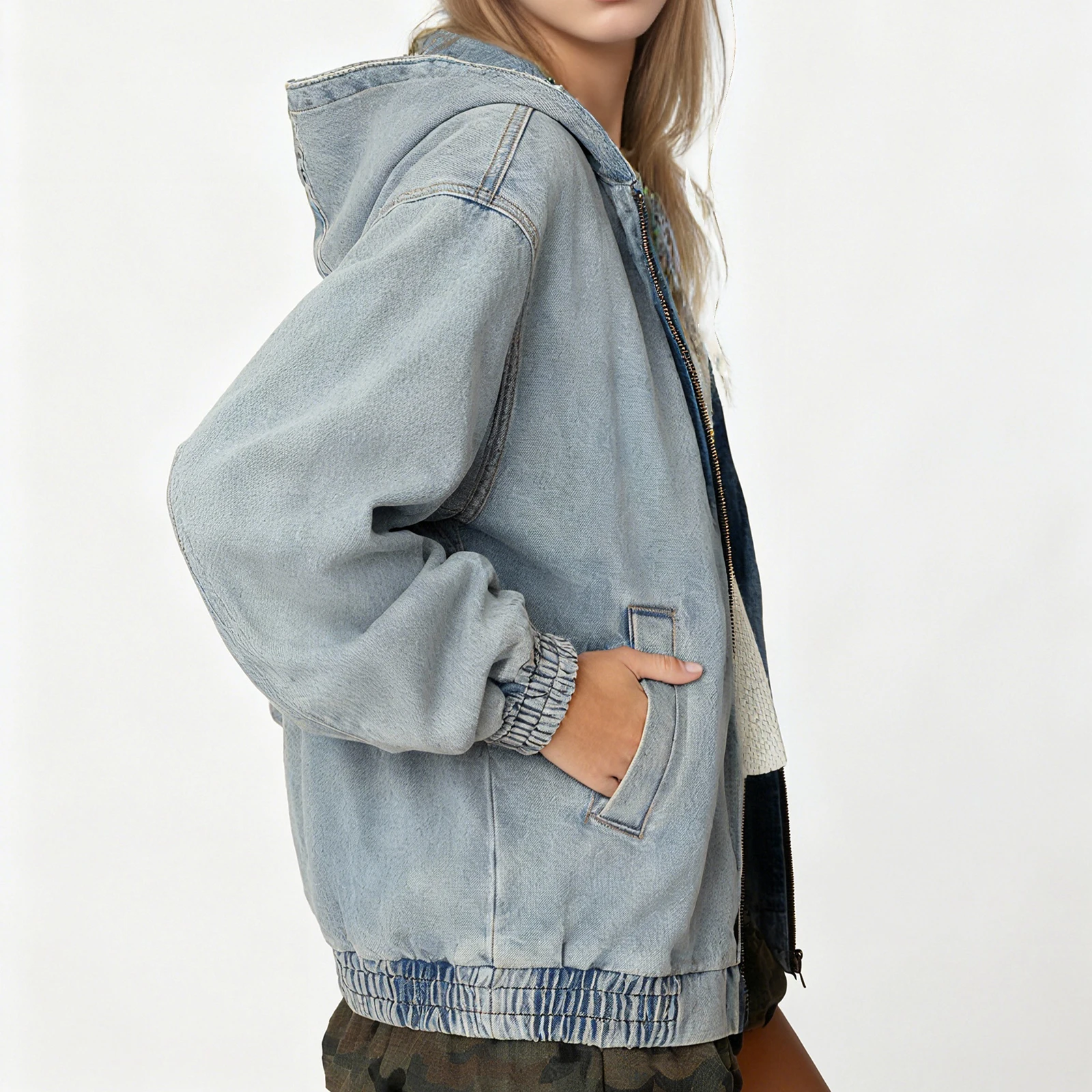 Women Denim Jacket, Long Sleeve Hooded Zipper Closure Fall Jacket Streetwear with Pockets