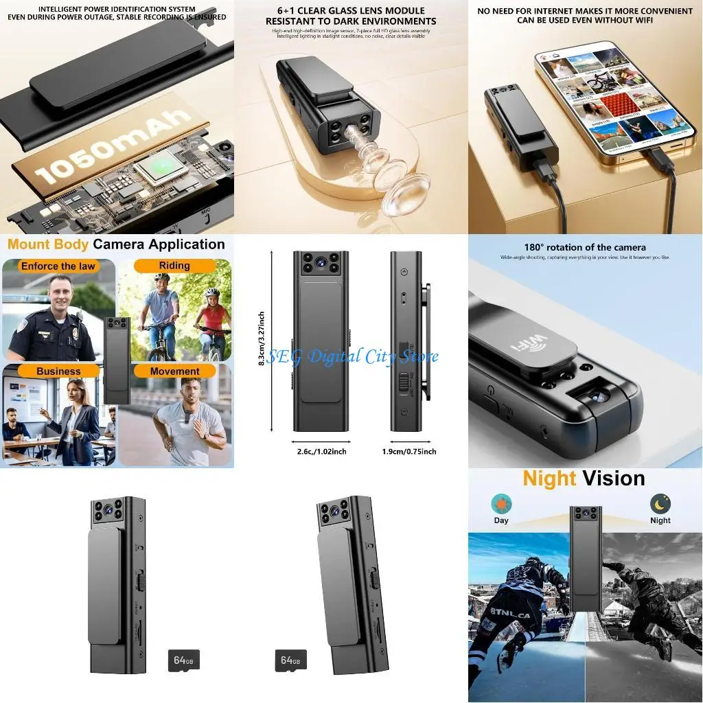 

U75B Clip On Body Camera 6 Hour Battery 32GB Storage Rotate 180Degree Night View