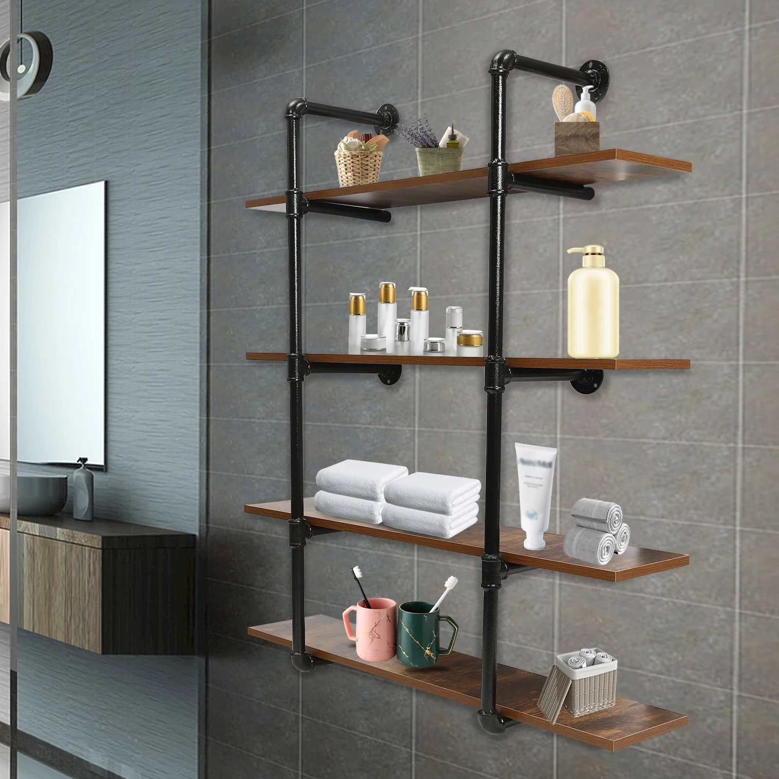 

4-уровневая промышленная полка из трубчатого металла, настенная, в стиле стимпанк, с элементами из натурального дерева, для книг, винных бокалов и растений