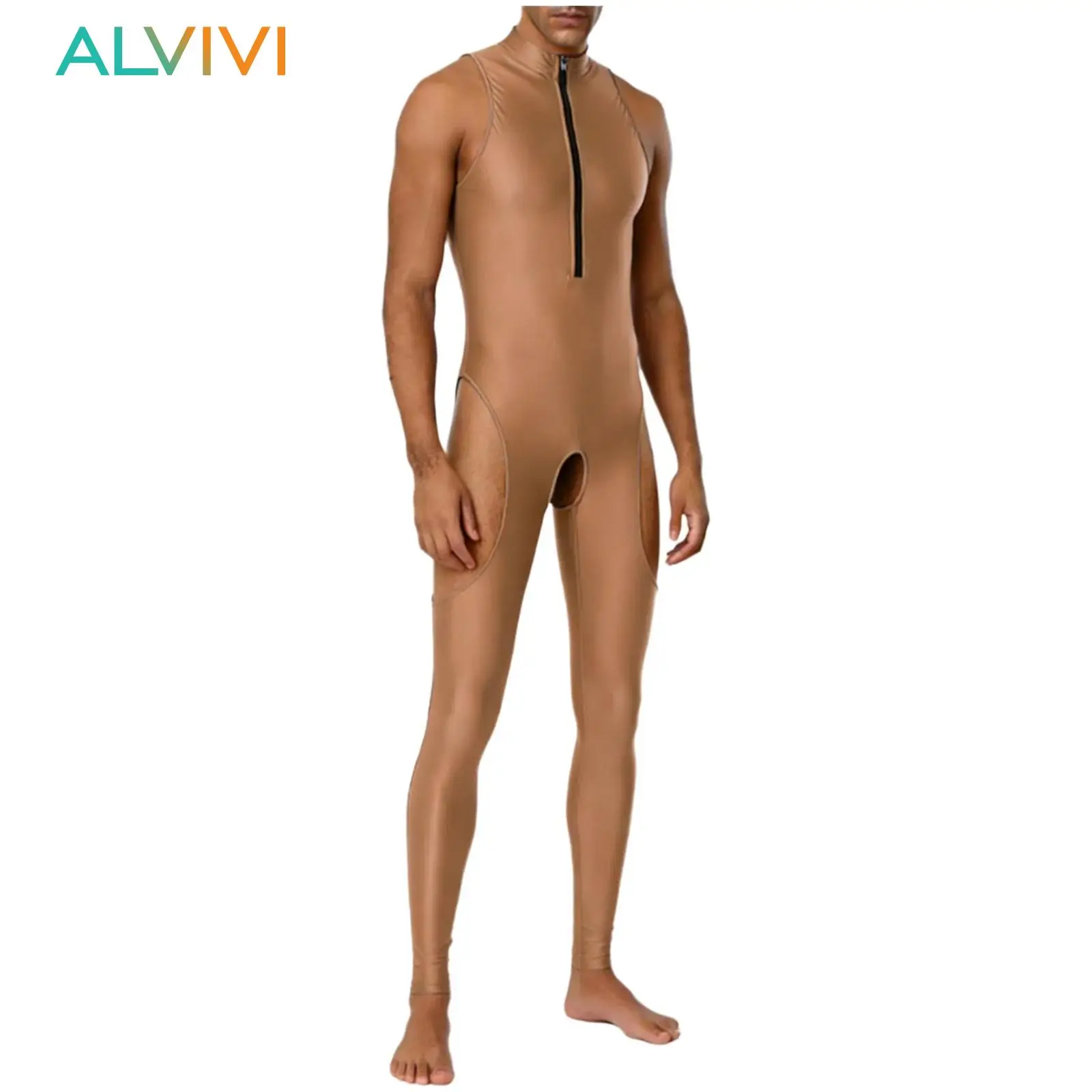 

Mens Front Zip Open Crotch Thigh Cut Out Bodysuit Swimsuit One-piece Oil Glossy Swimwear Yoga Jumpsuit Leggings Catsuit Costume