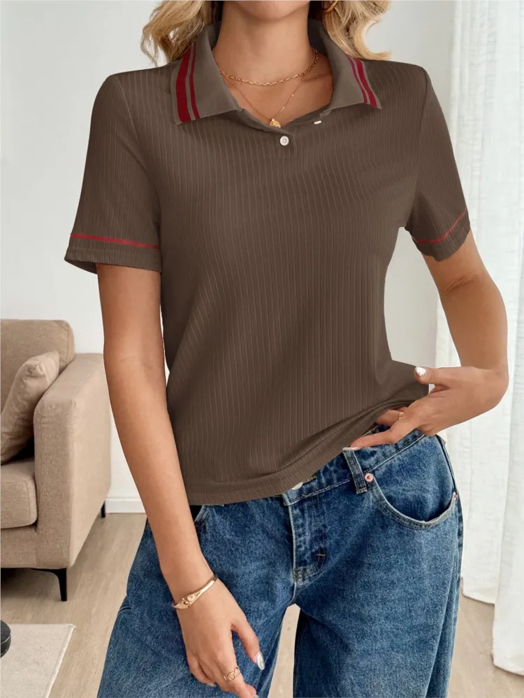 Frühling Sommer Einfachen Stil Casual Pendler frauen POLO-Shirt Modische Farbe Block Gestrickte Kurzen ärmeln Lose T-shirt Top
