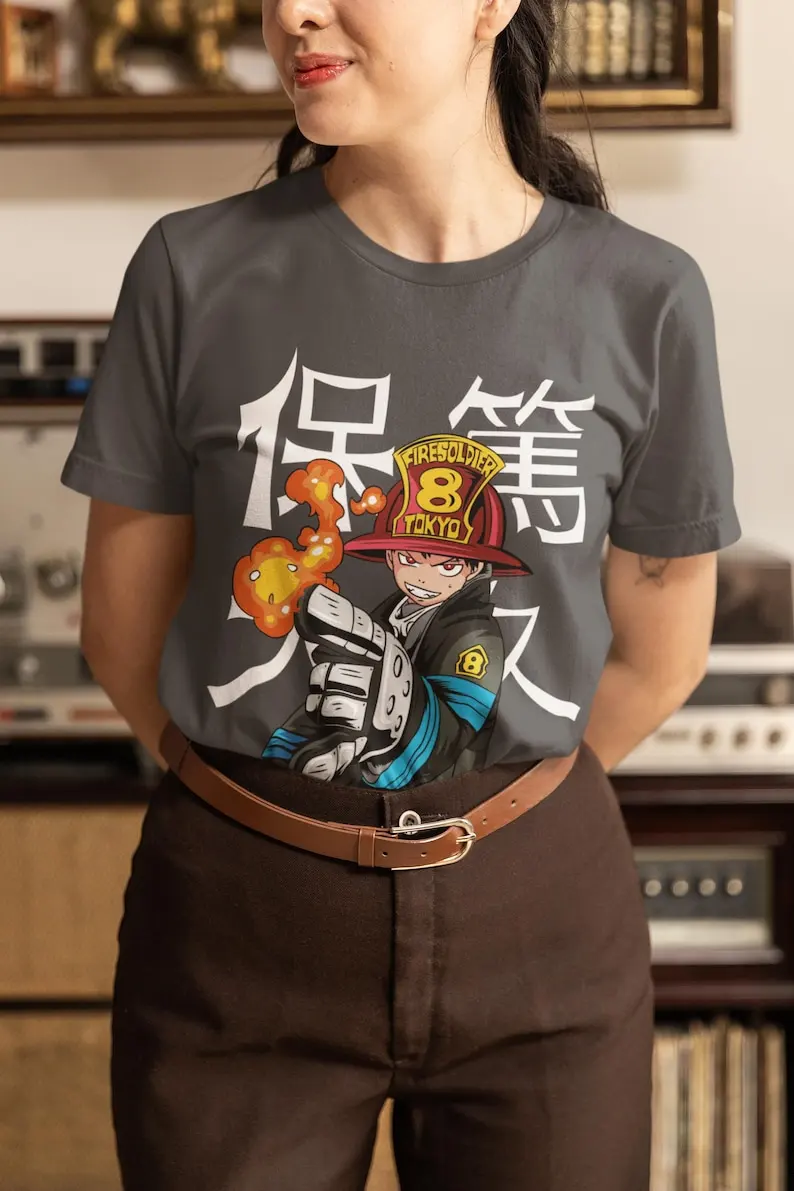 Futuristic Flame Hero Unisex T-shirt - Japanese Manga Graphic, Firefighter Anime Design, Dynamic Otaku Clothing, Trendy Graphic