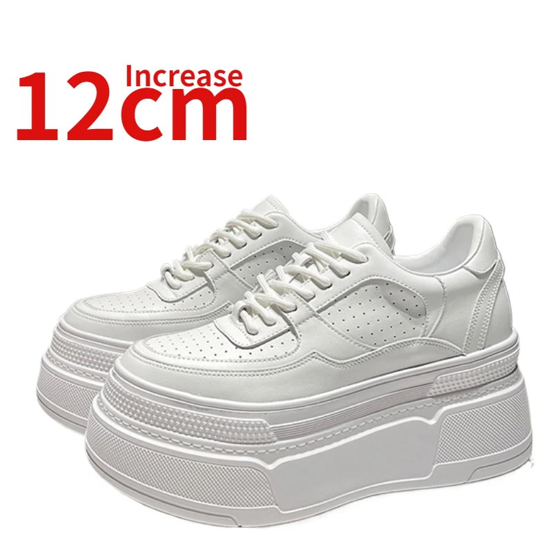 

Genuine Leather Thick Bottom Elevated Board Shoes for Women Increased 12cm Luxurious Craftsmanship Casual Sports White Shoes New