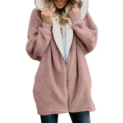 Felpa con cappuccio in pelliccia addensata invernale donna allentata confortevole capispalla Casual donna tinta unita calda felpa con cappuccio Cardigan con cerniera