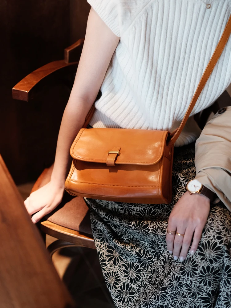 Casual vintage vegetable tanned cowhide ladies small messenger bag fashion designer handmade genuine leather women shoulder bag