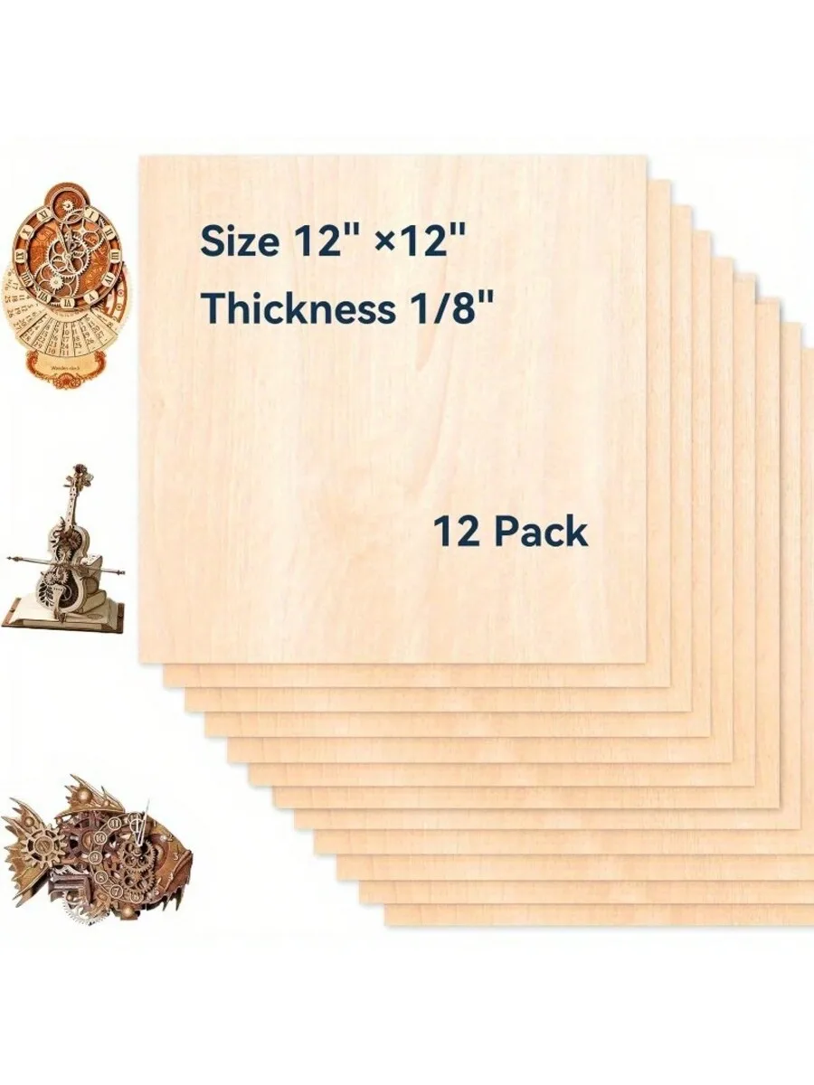 12 piece set of oak plywood, unprocessed wooden board, suitable for DIY crafts, carving, cutting -3mm thick, 12x12 inch smooth c