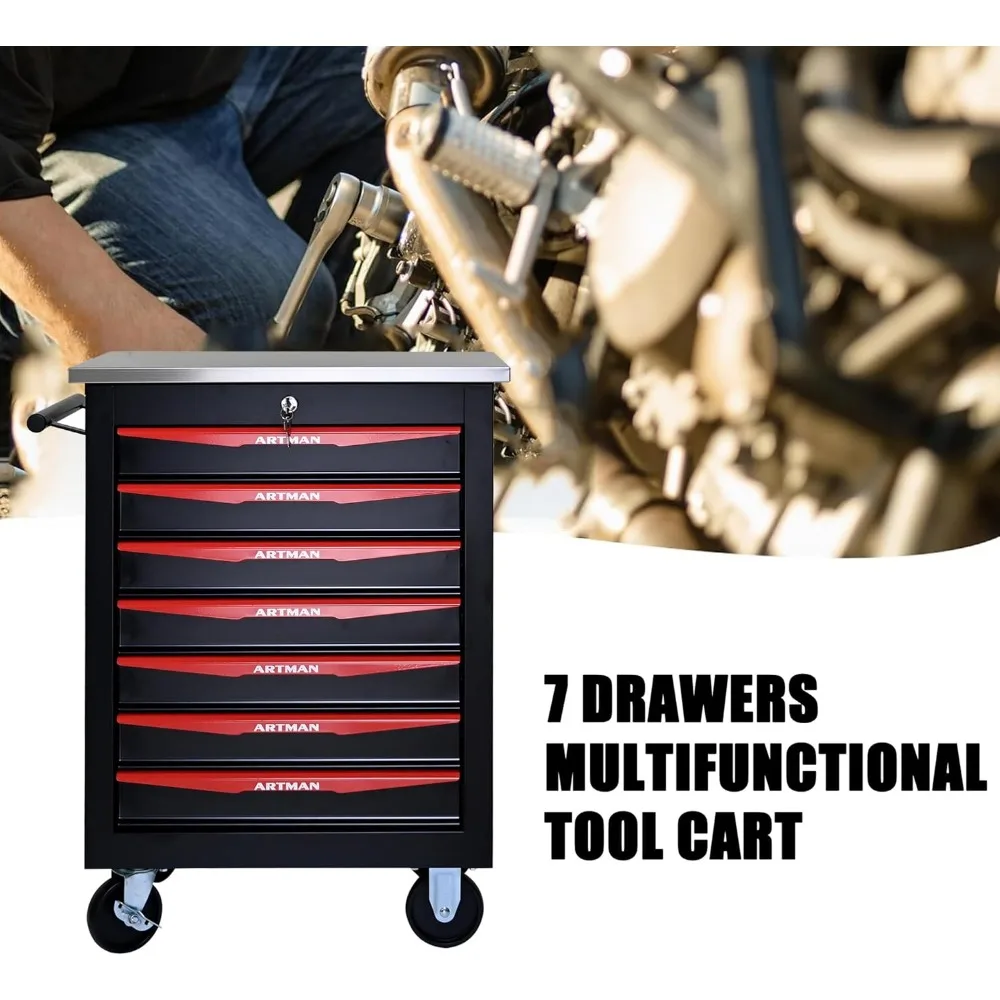 Multifunctional Rolling Tool Storage Chest with 7 Drawers for Garage, Heavy Duty Trolley Organizer Toolbox on Wheels