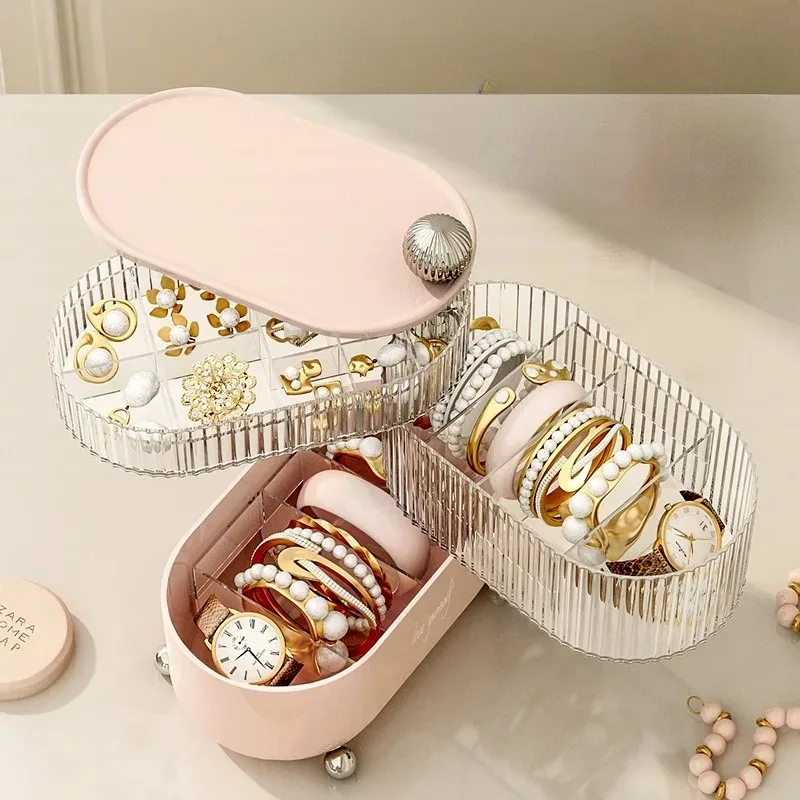 Caja de almacenamiento de mesa giratoria de joyería, estante de almacenamiento de lápiz labial de lujo ligero, a prueba de polvo, multicapa transparente