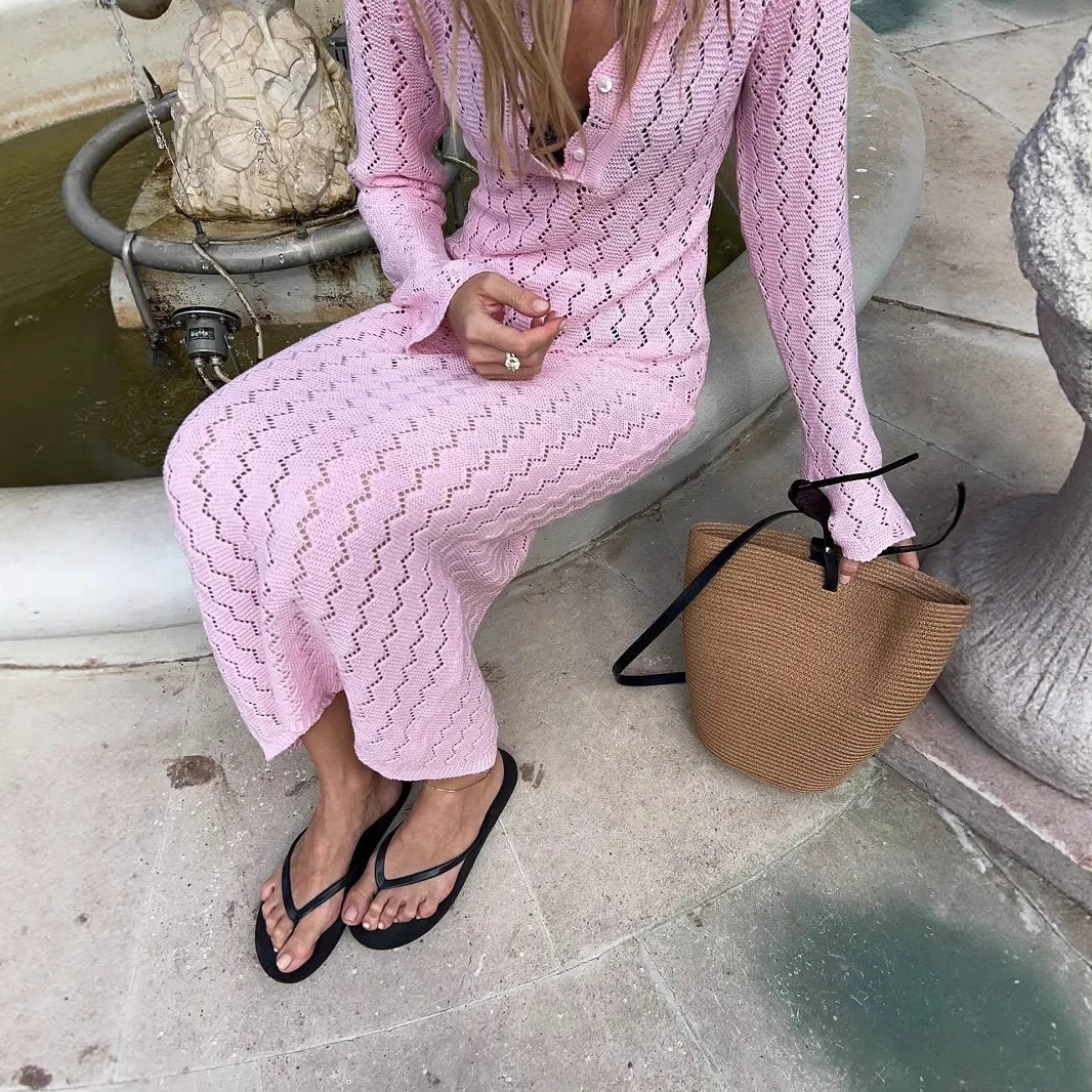 Long Sleeve Knitted Dress with French Style, High-End Autumn Cut-Out Slim Long Skirt