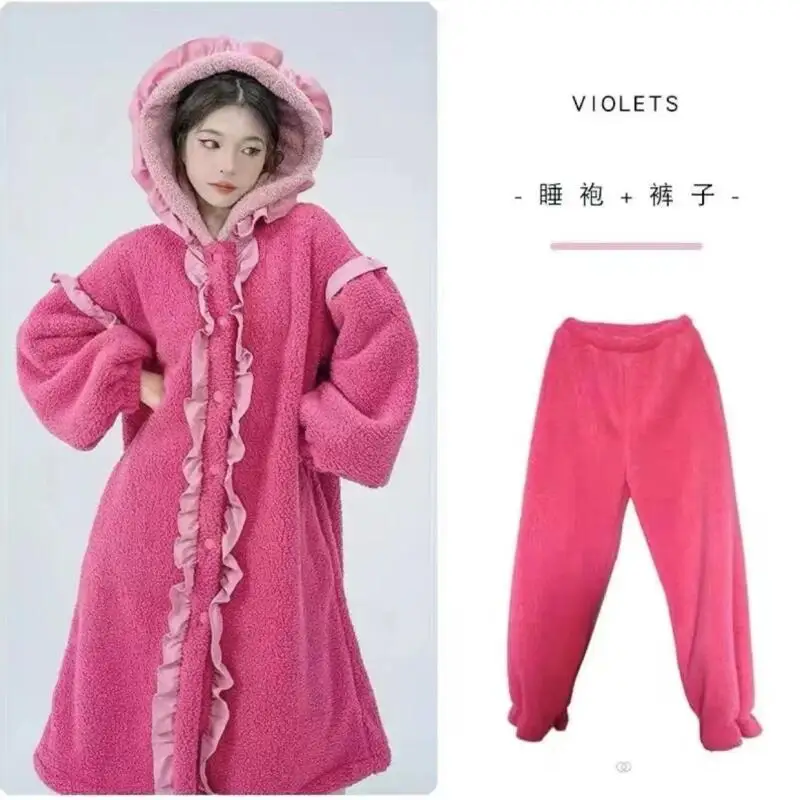 

Зимняя длинная стильная женская ночная рубашка на флисовой подкладке, сохраняющая тепло, милый пижамный комплект с бантом, домашняя одежда в стиле принцессы, комплект ночного белья с капюшоном