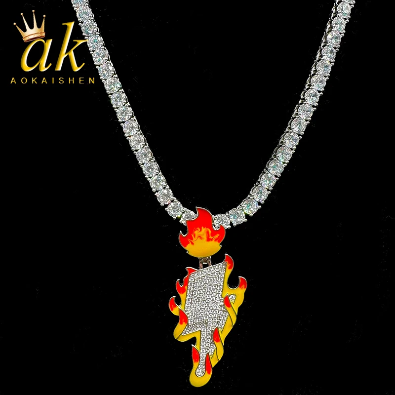 Aokaishen Iced Out Noctilucent Lightning Pendant Necklace Real Gold Plated Hip Hop Jewelry Unique Charms Trend