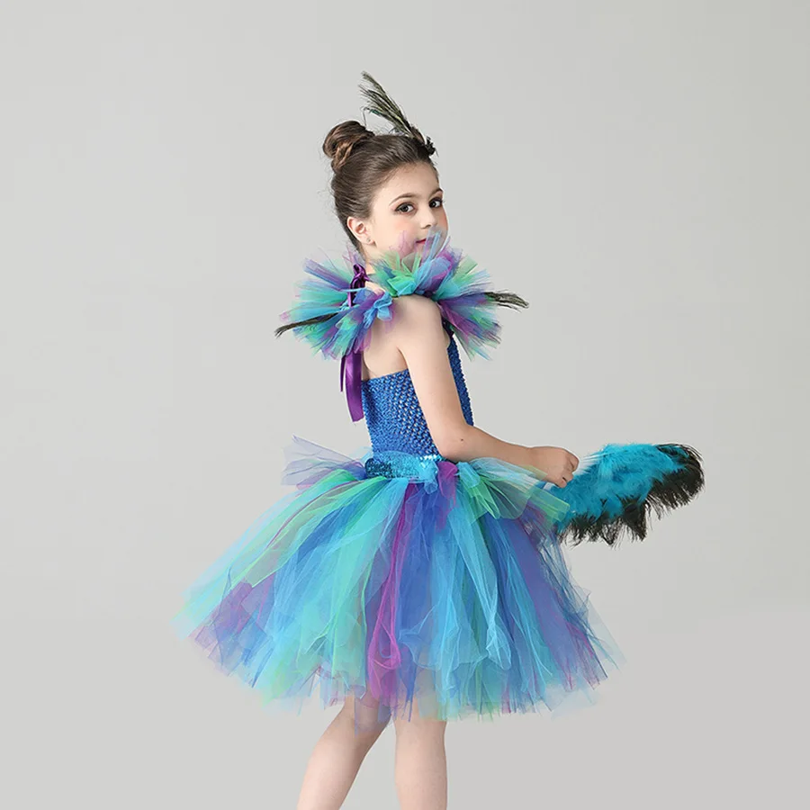 Halloween Girls Cosplay Peacock Princess Dresses Children's Walking Performance Dresses Fashion Party Dress Suits 2025