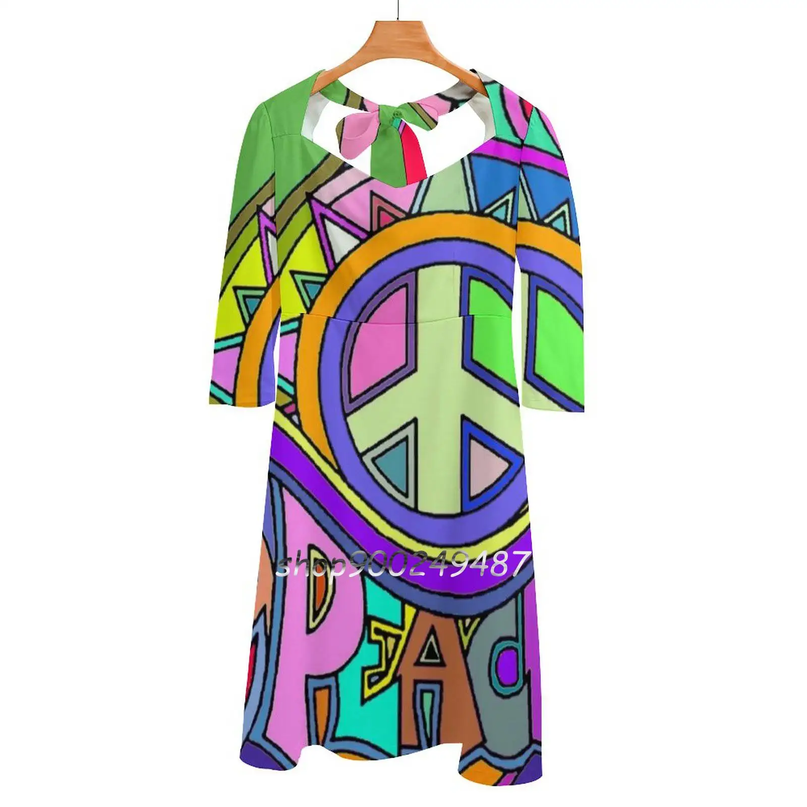 

Colorful Trippy Hippy Art Square Neck Dress New Plus Size Elegant Women Waist Tight Dress Hippie Flower Power Peace Retro