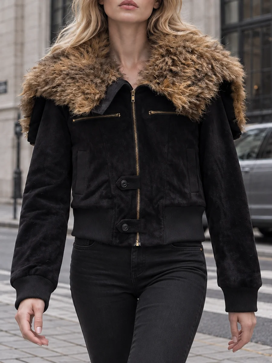 TWOTWINSTYLE Fluffy Spliced Pocket Slimming Coat for Women Lapel Collar Long Sleeve Patchwork Zipper Casual Jacket Female Style