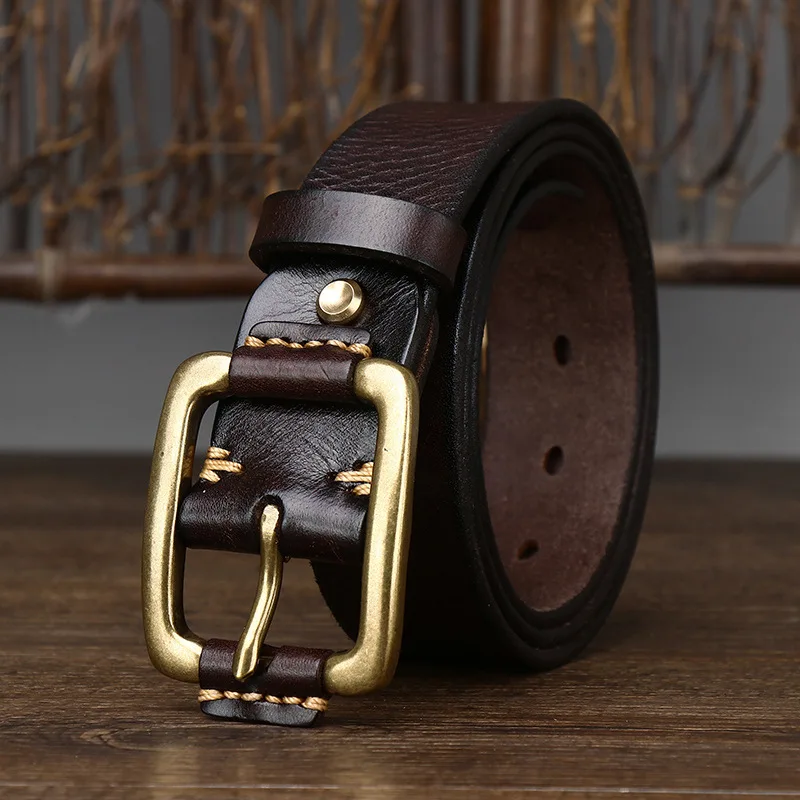 Men Wide Cowhide Belt Hand Sewing Light Coffee Simple Style Korean Fashion Top Layer Vintage Copper Buckle Old Tooling Jeans Art