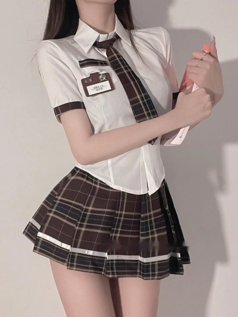 

Sexy Uniform Temptation JK Pleated Checkered Short Skirt Set Slim Thin Soft Sheer Charm Romantic Summer Sweet Passionate XPSG