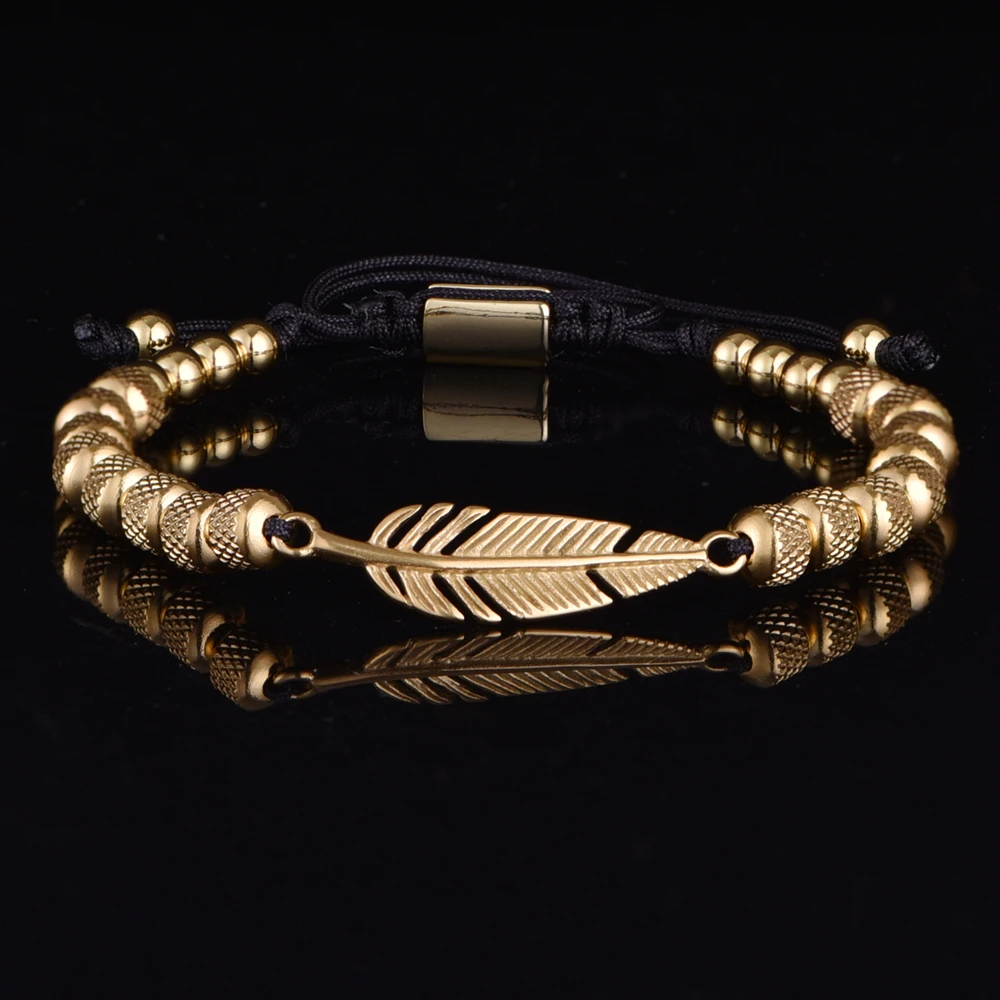 Hot Sale Trend Feather Shape Accessories Handmade Men\'s Beads Bracelet Stainless Steel Bracelet For Special Birthday Present