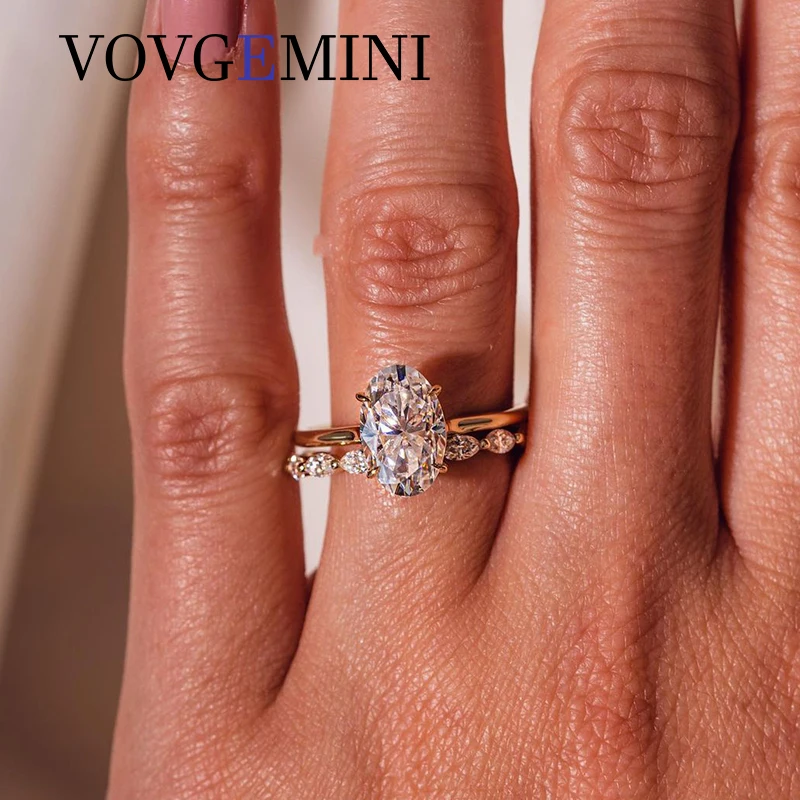 

VOVGEMINI Moissanite Wedding Ring Set 8x10mm 3carat Brilliant Oval Rings 4x2mm Marquise Band Real 18k Rose Gold 585 Jewelry