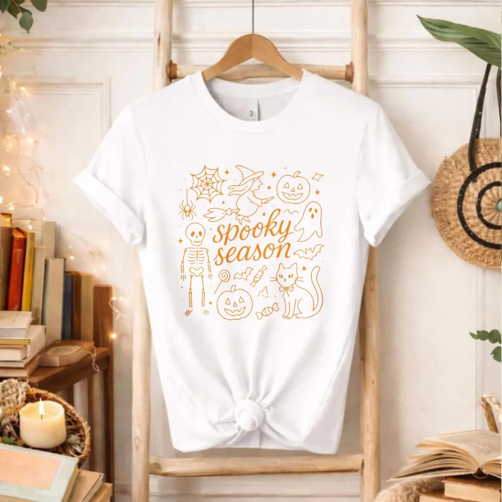 Spooky Season Line Art Graphic T‑Shirt Halloween Skeleton Ghost Pumpkin Black Cat Witch Spider Web Candy Doodle Fall Holiday Top