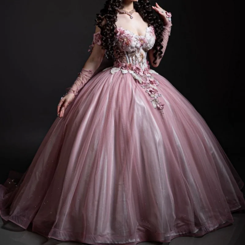 

Shiny Pink Elegant Princess Dress Wedding Dress V-neck 3D Flower Sequins Lace Up Vestido De Novia Customize