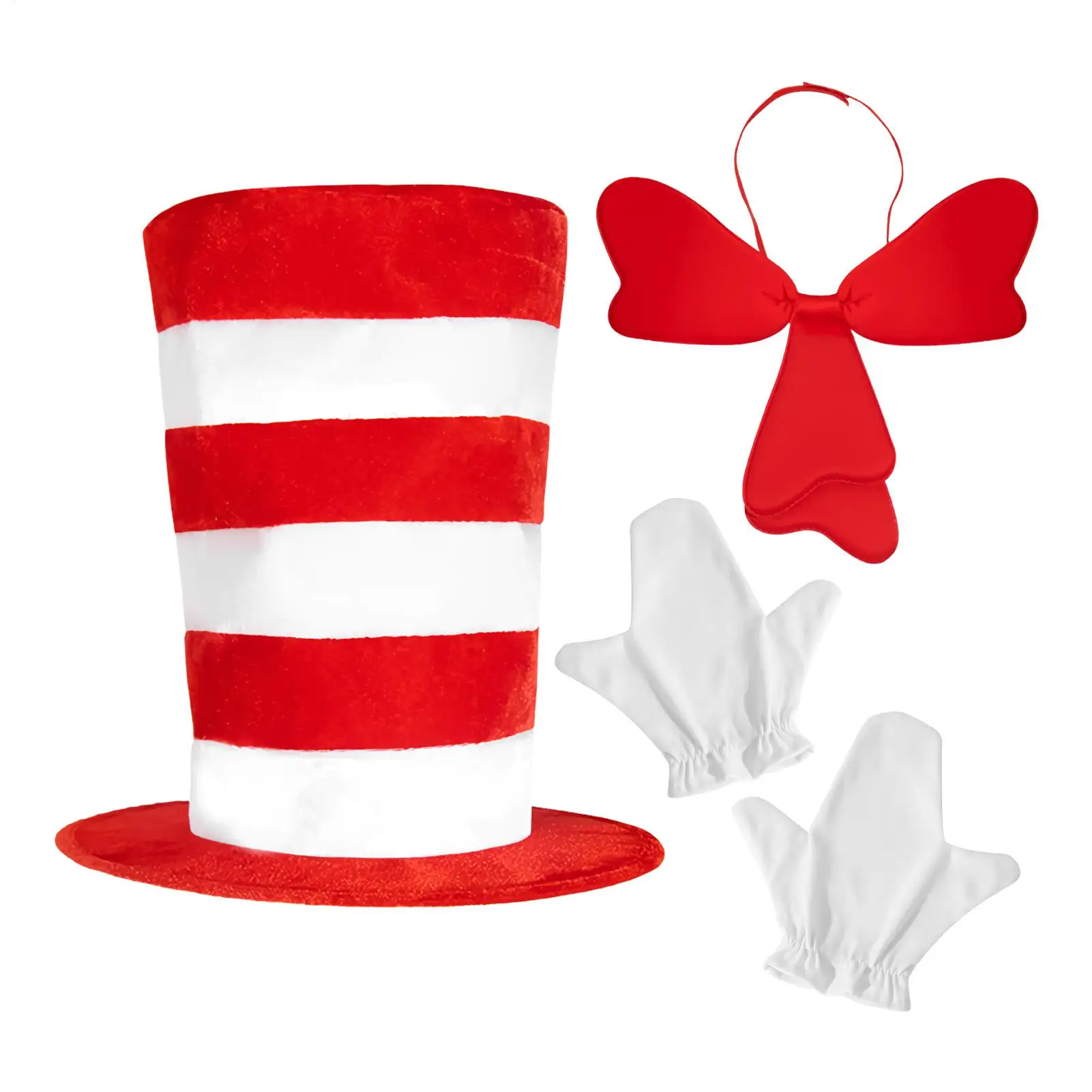 Cat Costume Accessories Set Include Red White Striped High Top Hat Furry Red Bow Tie Gloves Party Supply