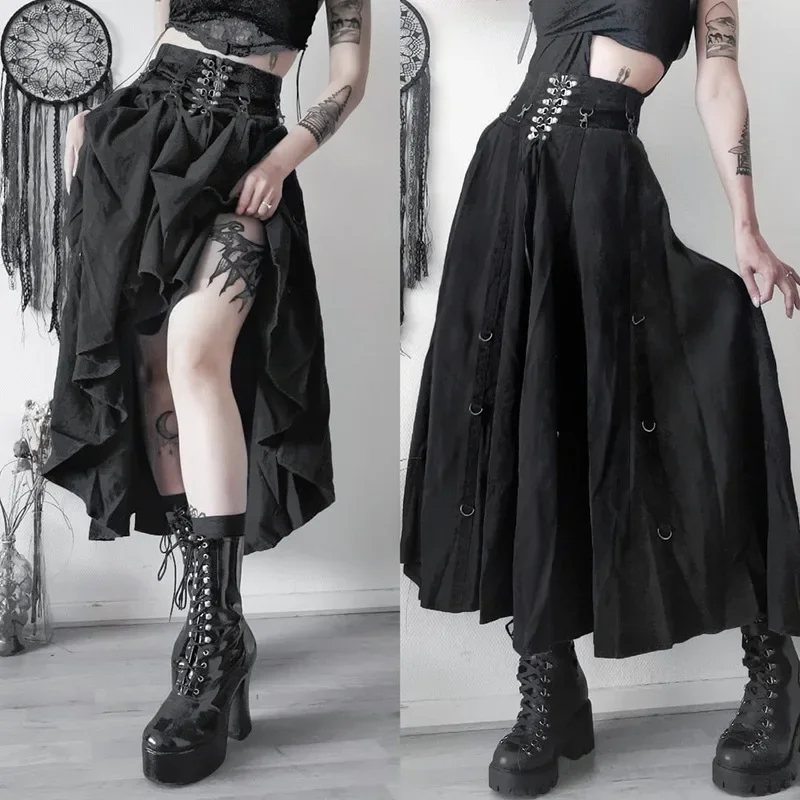 2024 New Retro High Low Midi Long Skirt Irregular Hem Black Cosplay Gothic Steampink Dance Skirts Hip Hop Aesthetic Summer Skirt