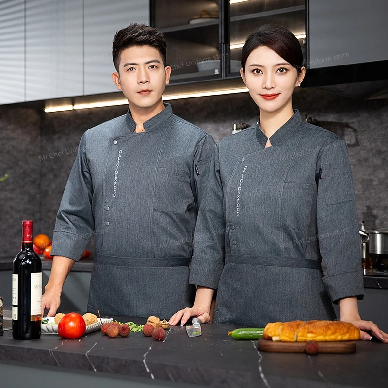 grijs chef-kok uniform lange mouw chef-kok jas chef-kok T-shirt bakker werkuniform ober restaurant hotel kok jas kleding vrouwen logo