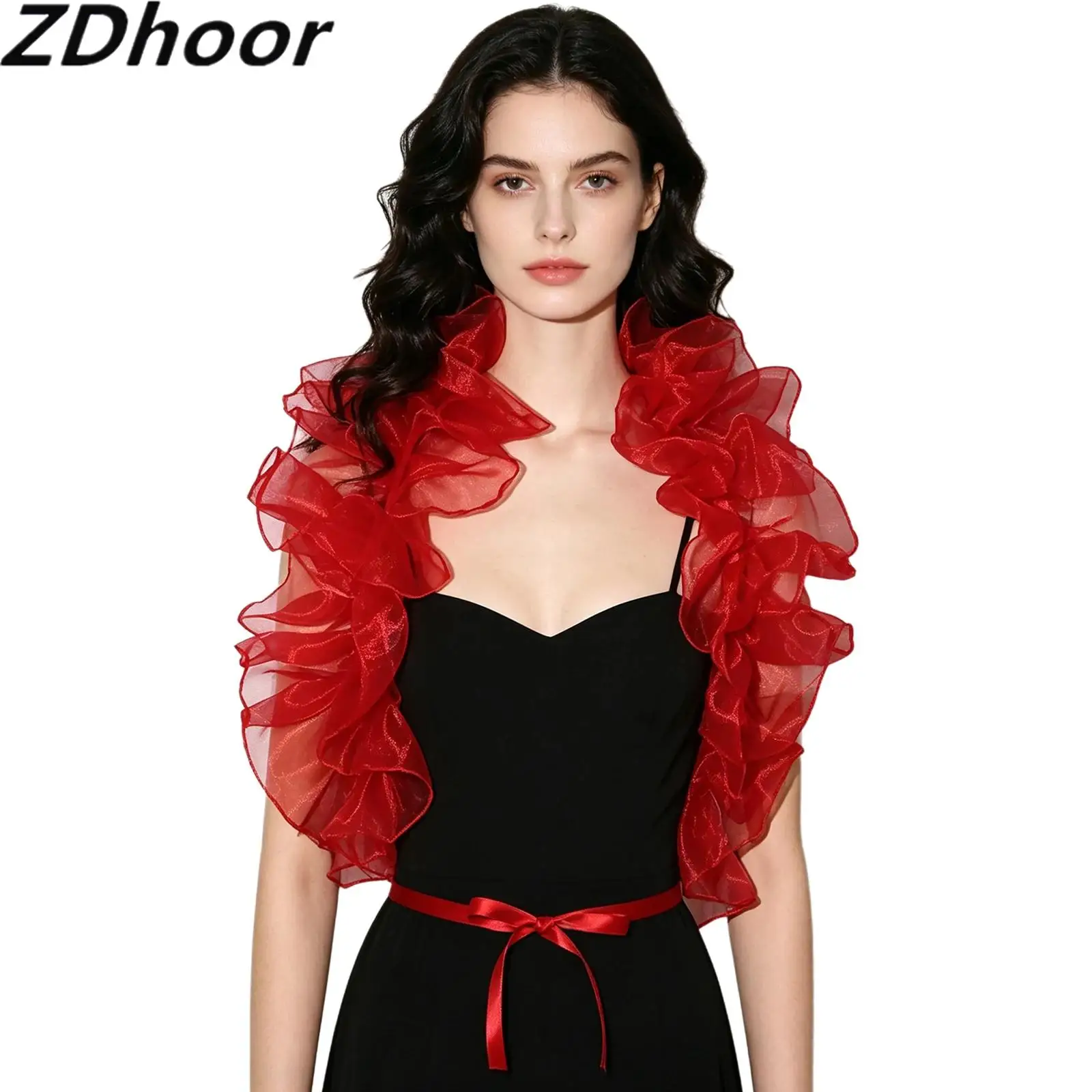Ruffled Sheer Tulle Cape Shawl with Tie Straps Costume Accessories for Cosplay Masquerade Party Halloween