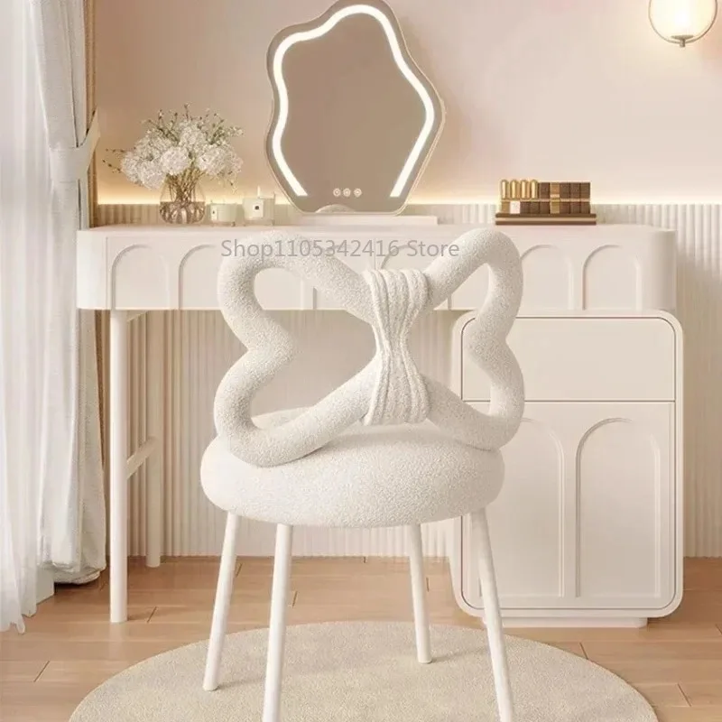 Cream Light Luxury Dressing Table & Round Back Makeup Stool, Nordic Cosmetic Chair for Girls Bedroom Manicure Room Furniture