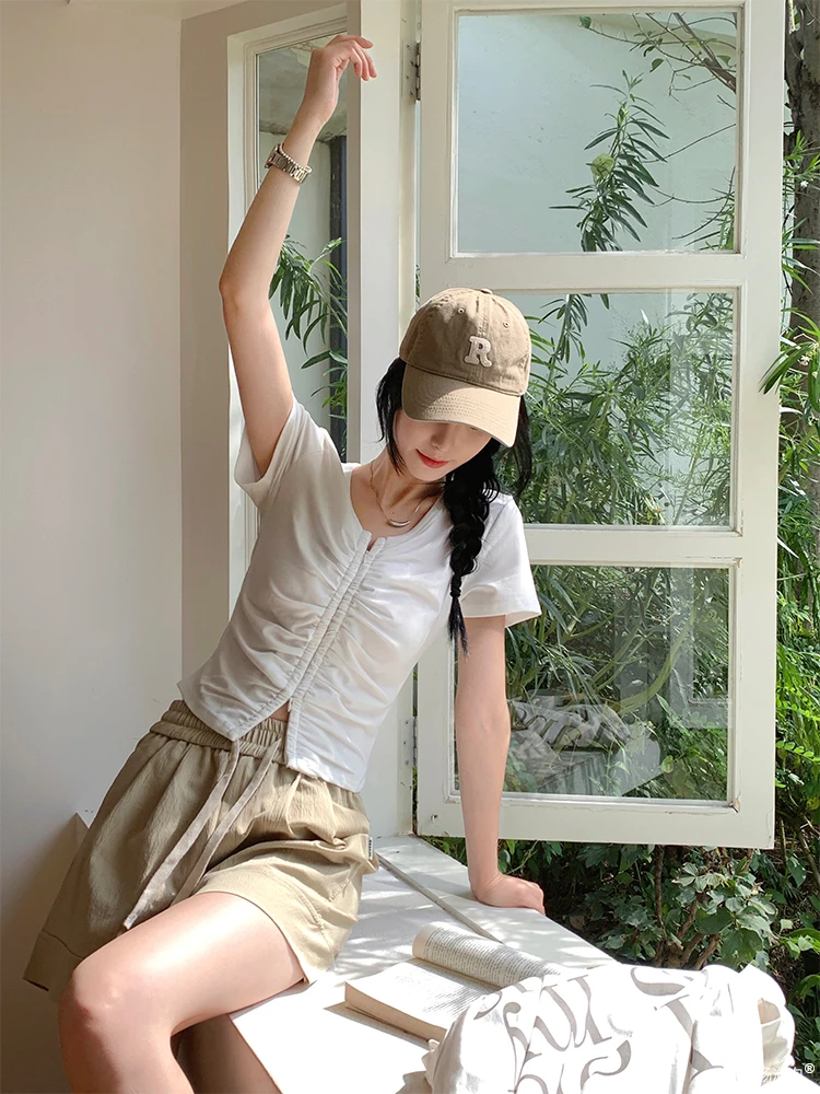 

Fitting ort Sve V-Ne T-irt Women's White oulder Length Summer New Sle Double Zipper Slimming Top by Yang Bubble