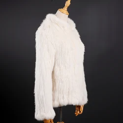 Luxury Women's Winter Genuine Rabbit Fur Knitted Jacket Long Sleeve Stand Collar Coat Lady Classic Real Fur Outwear With Pockets