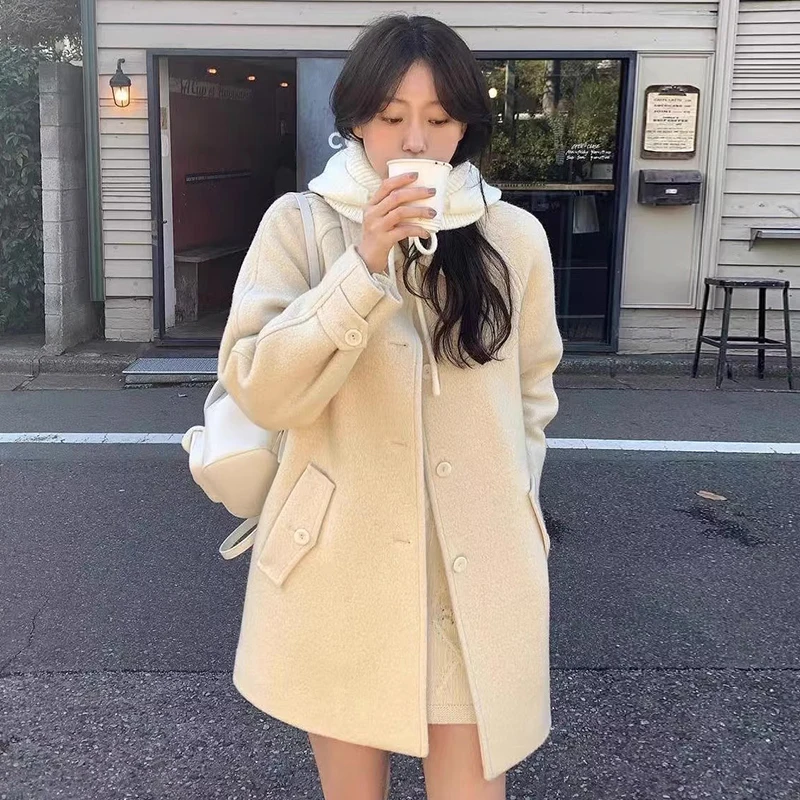 Chic Winter Woolen Coat Women's Loose Fit Single Button Back Split Design Small Size Commute Style Long Sleeve Pure Color