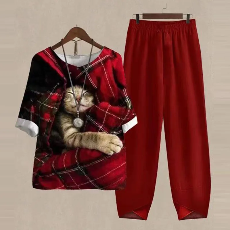 

2025 Spring/Summer Fashion Women's High Street Spring Five-Sleeve Printed Top Pants Two-piece Set