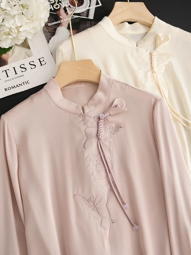 

Изысканная вышитая шелковая блузка с длинным рукавом, воротником-стойкой и асимметричным дизайном, из плотного атласа, женская, премиум-класса, модный топ