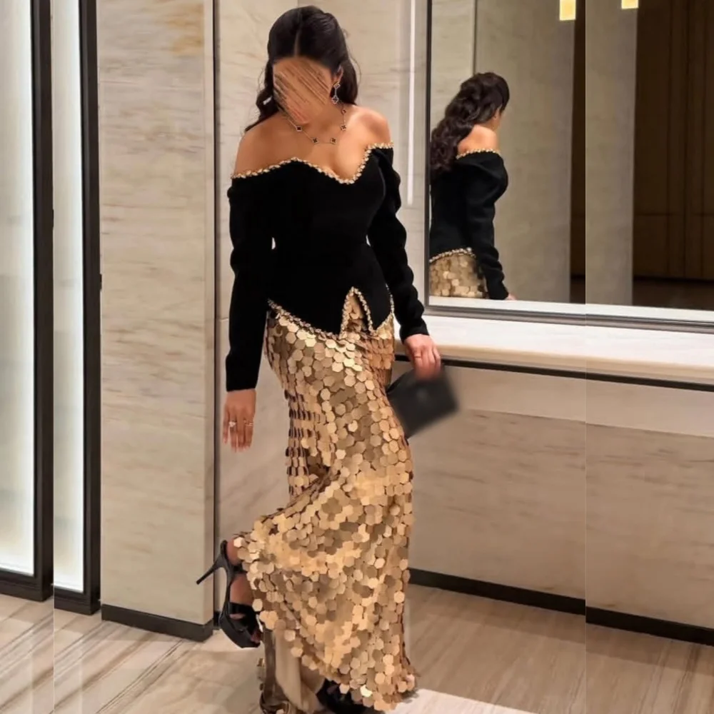 Maßgeschneiderte, exquisite zweiteilige Abendkleider für Bankette, schulterfreie, lange Trompetenkleider mit Pailletten, glitzerndes Partykleid