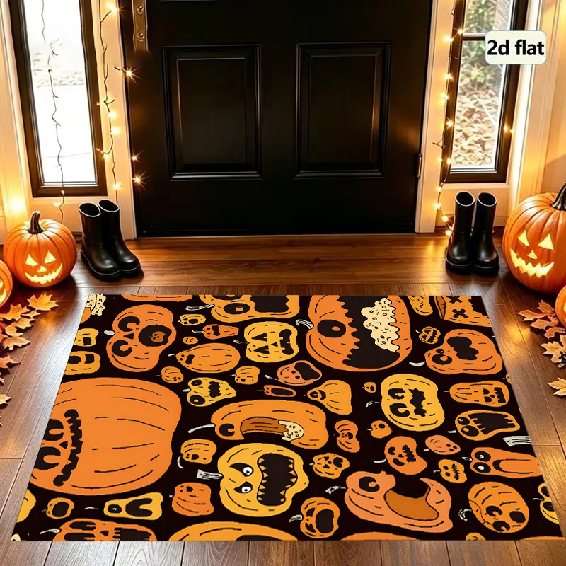 Funny Pumpkin Ghost Face 2D Area Rug in Quirky Trendy Style for Living Room and Entryway, Halloween Party Decor