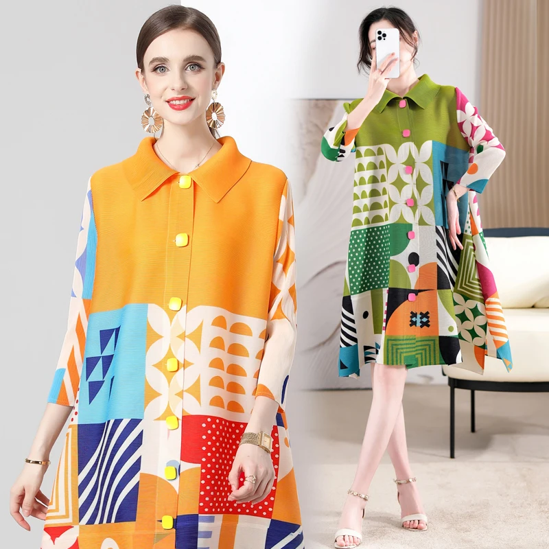 

Original quality discount straight hair, Miyake pleated medium and long printed thin age-reducing mm nine-point sleeve dress