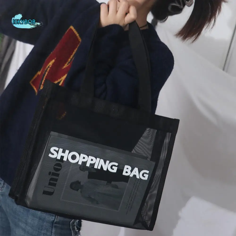 

Nylon Transparent Mesh Shopping Bag Single Shoulder Black Large Capacity Tote Bag Hasp Crossbody Bag Travel Storarge Bag Yoga