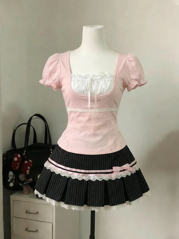 

Y2k Harajuku Vintage Sweet Slim 2 Piece Skirt Sets Kawaii Short Sleeve Tops + Bow Patchwork Cake Mini Skirts 2000s Lolita Suits