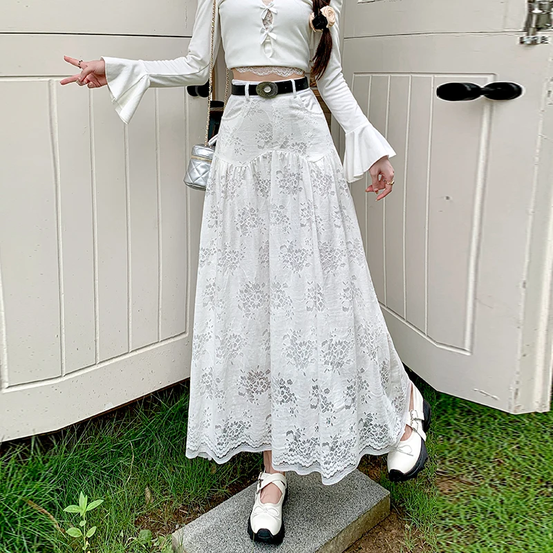 White Lace Maxi Long Skirts for Women 2024 Summer Belted High Waist Korean Elegant Hollow Out Skirt Female Sweet Faldas Mujer