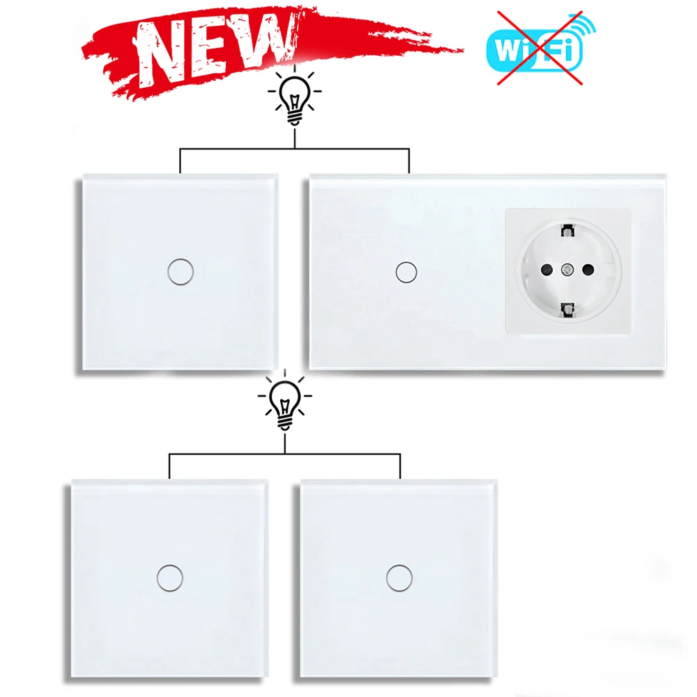 Touch Light Switch With EU Socket 1 Gang 2 Way Wall Light Switch LED Sensor Tempered Glass Interrupter EU Standard 240V