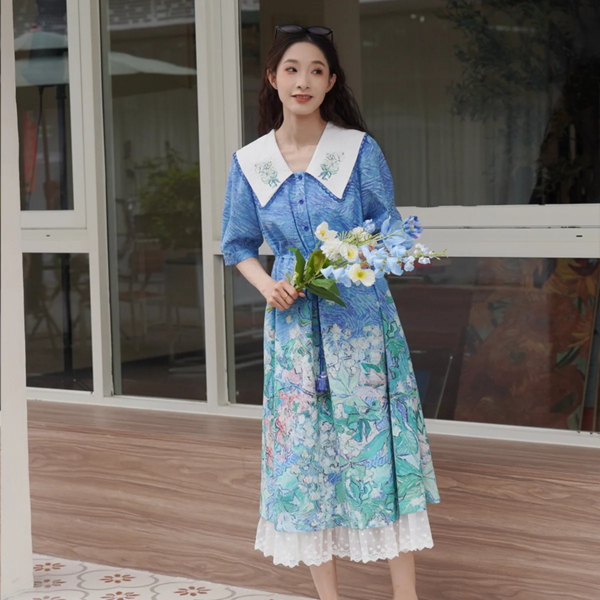 

Van Gogh-Inspired Floral Embroidered Tie-Neck Print Dress