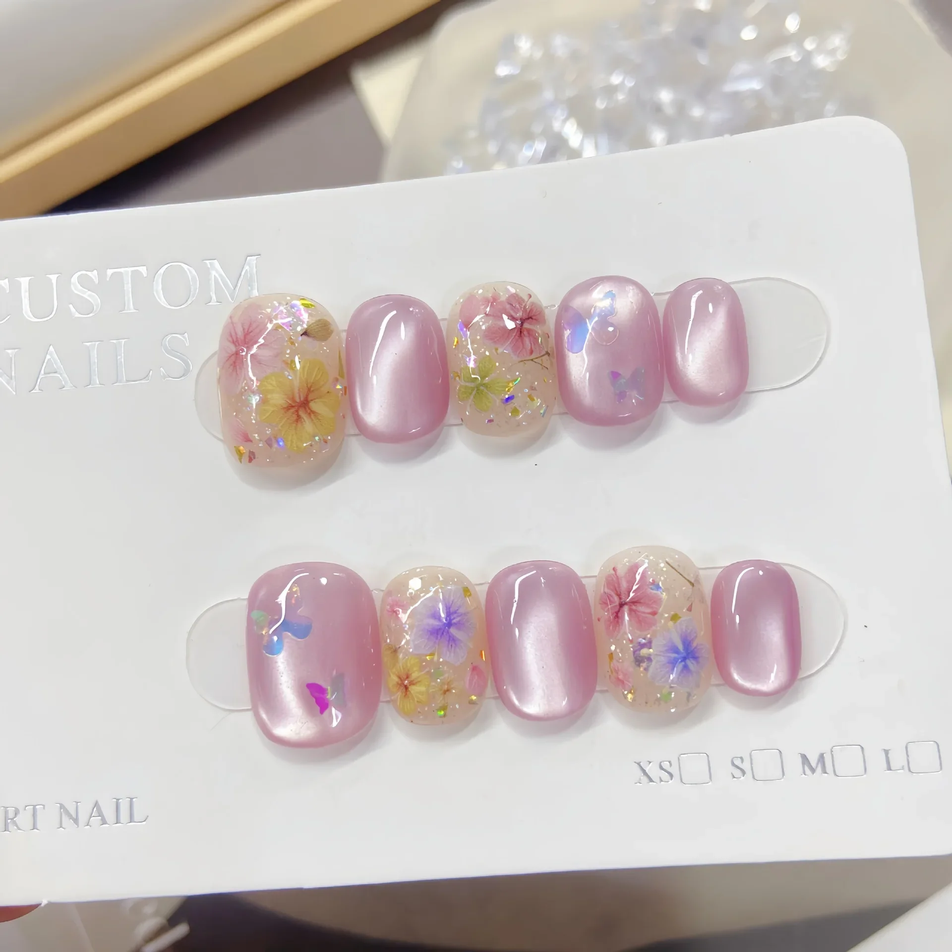

10Pcs Handmade Short Square Press on Pink Nails Cat Eye Effect with Floral & Butterfly Elegant Spring False Nails for Girls Wear