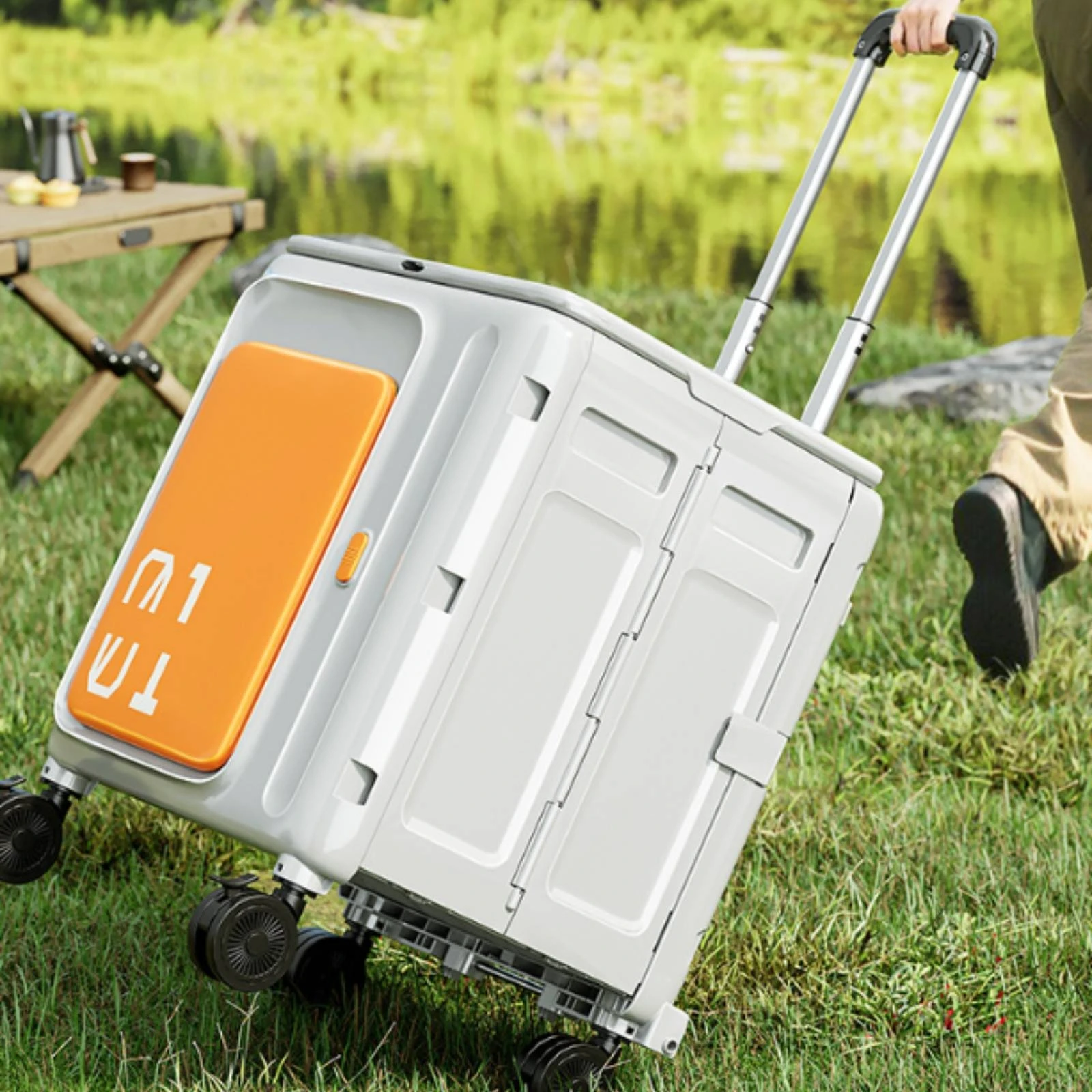 Folding Utility Cart with Lid Foldable Collapsible Rolling Crate Folding Cart with Lid Telescopic Compact for Campers, Picnic