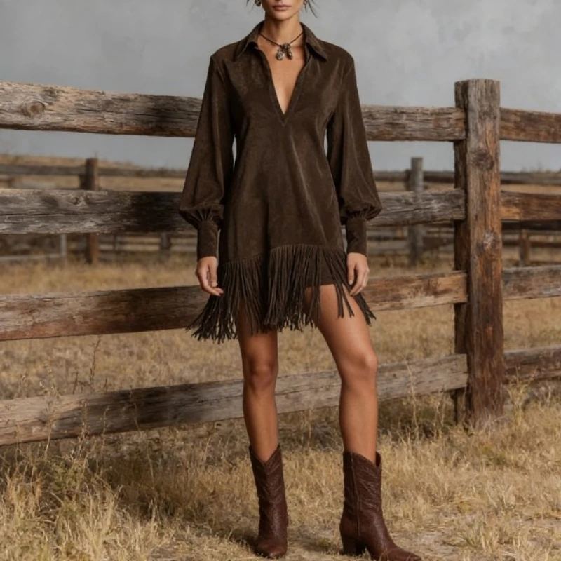 

Женское замшевое платье с V-образным вырезом, длинными рукавами, облегающее, с бахромой по низу, в винтажном западном стиле, для вечеринок
